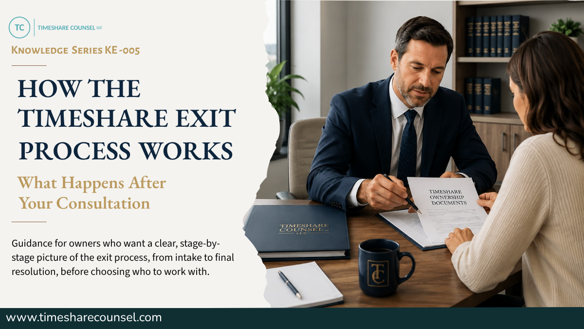 Timeshare owner reviewing exit documents with a consultant