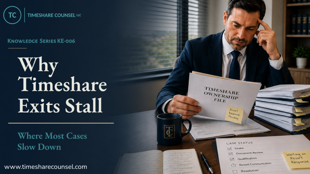 Consultant reviewing timeshare ownership file with pending resort response — Timeshare Counsel LLC