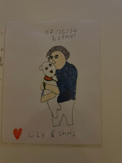 a card with a man holding his dog drawing